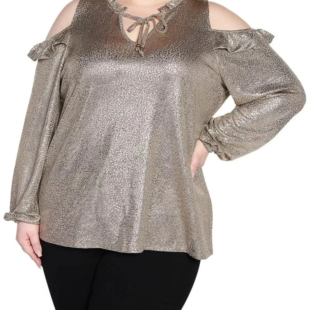 NWOT Belldini Los Angeles Metallic Animal Print Cold Shoulder Top/Blouse Size 2X